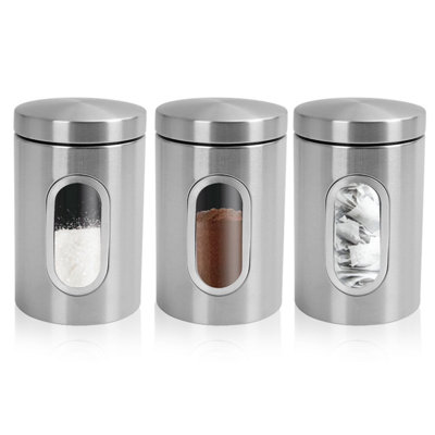 3pc Kitchen Canister Set Coffee Tea Sugar Caddy Clear Viewing Window Silver