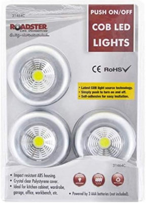 3Pc Led Battery Operated Night Light Cordless Bright Cob Cabinet Push On Off