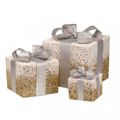 3pc LED Gift Box Decoration - Gold & White