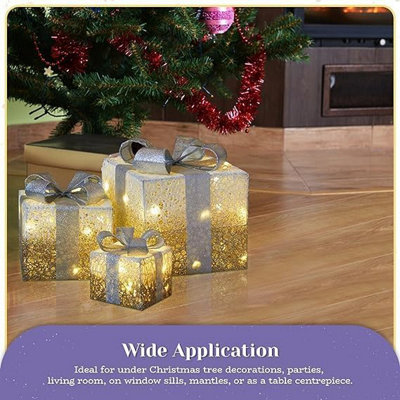 3pc LED Gift Box Decoration - Gold & White
