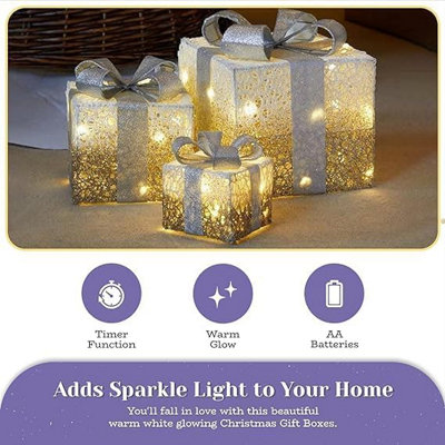 3pc LED Gift Box Decoration - Gold & White - 7