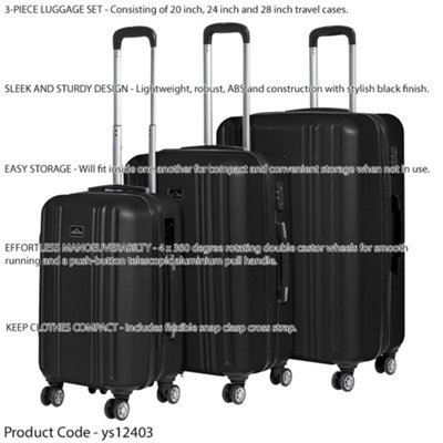 3pc Lightweight ABS Suitcase Set - Wheeled Travel Luggage Black 20 24 28" Cases