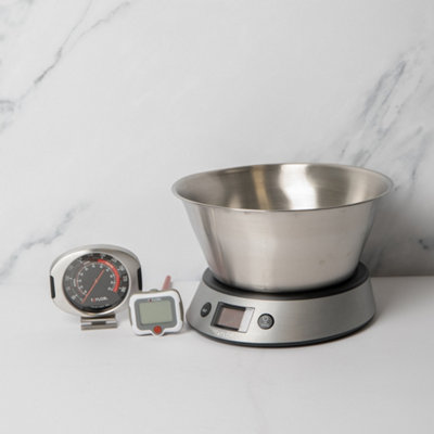 3pc Measuring Set with Dual Digital Kitchen Scales 5kg, Pro Oven Thermometer & Pro Pivoting Display Stem Thermometer