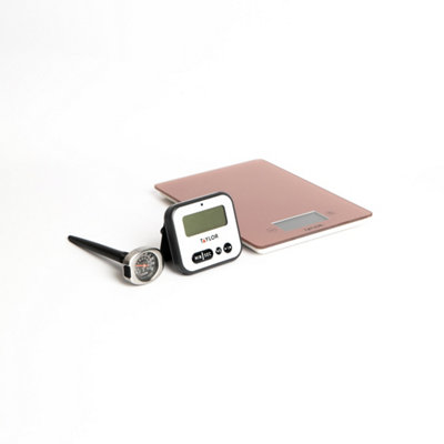 3pc Measuring Set with Rose Gold Pro Glass Digital Kitchen Scale 5kg, Pro Instant Read Probe Thermometer and Digital Timer