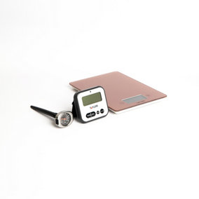 3pc Measuring Set with Rose Gold Pro Glass Digital Kitchen Scale 5kg, Pro Instant Read Probe Thermometer and Digital Timer