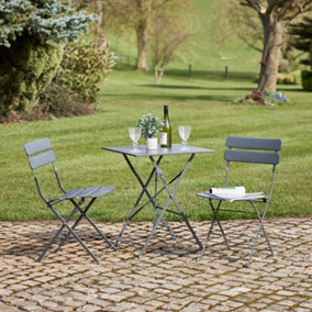 3pc Metal Grey Square 2 Seater Folding Patio Set Summer Outdoor Garden Dining Table & Chairs Set Bistro Set