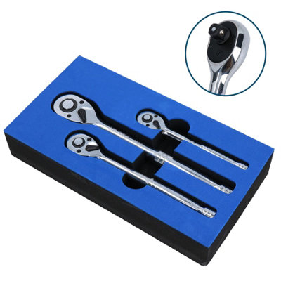 3pc Mixed Drive Ratchets 72 Teeth Quick Release Socket Drivers 1/4
