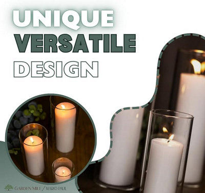 3pc Pillar Candle And Glass Candle Holder Set - Clear Glass Cylinder Pillar - 4