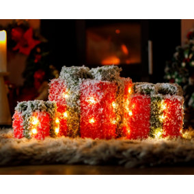 3pc Pre-Lit Christmas Present Box Decorations - Red Frosted