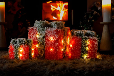 3pc Pre-Lit Christmas Present Box Decorations - Red Frosted - 4