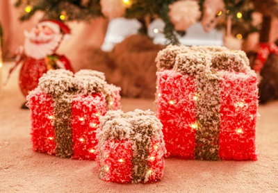 3pc Pre-Lit Christmas Present Box Decorations - Red Frosted - 6