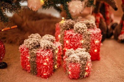3pc Pre-Lit Christmas Present Box Decorations - Red Frosted - 8