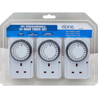 3Pc Programmable 24Hr Timer Set Multi Purpose Appliance Plug In Energy ...