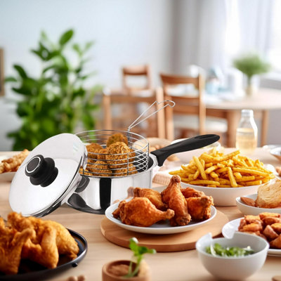 20cm STAINLESS STEEL DEEP INDUCTION FRYER SET & CHIP PAN POT LID & BASKET