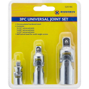3Pc Universal Joint Set 1/4 3/8 1/2 Inches Drive Swivel Head Ratchet Extension Bar