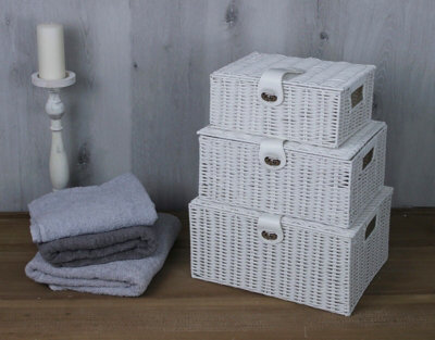 3pc White Wicker Basket Set with Lock