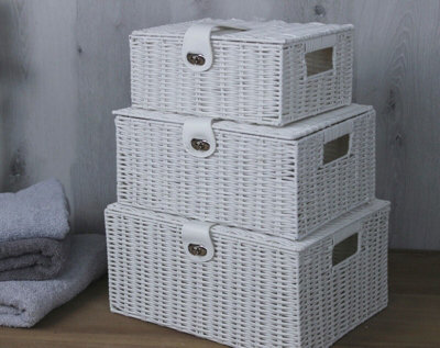 3pc White Wicker Basket Set with Lock
