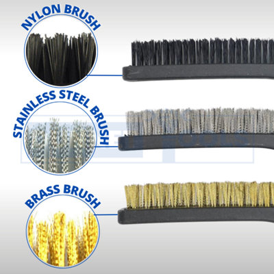 3pc Wire Brush Set 9 Long Steel Brass Nylon DIY Metal Rust Remover