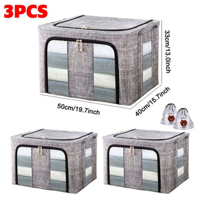 3Pcs 66L Folding Storage Box Made of Thick Fabric Steel Frame Wardrobe