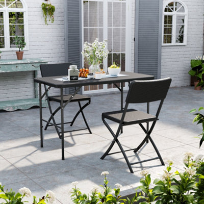 3Pcs Black Rattan Effect Plastic Garden Dining Set Outdoor Folding Camping Table and Chairs Set 4ft