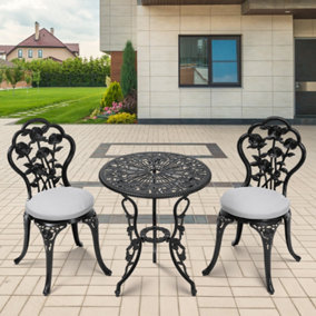 3pcs Black Round Cast Aluminum Outdoor Bistro Table and Chairs Set with Parasol Hole and Cushions
