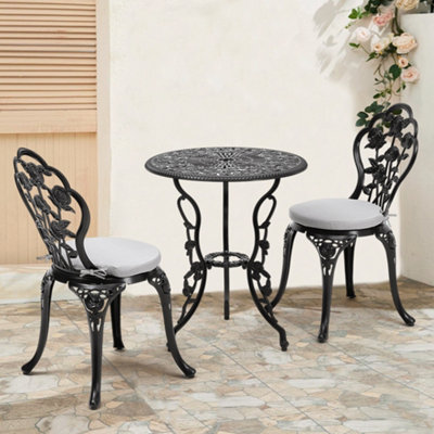 3pcs Black Round Cast Aluminum Outdoor Bistro Table and Chairs Set with Parasol Hole and Cushions