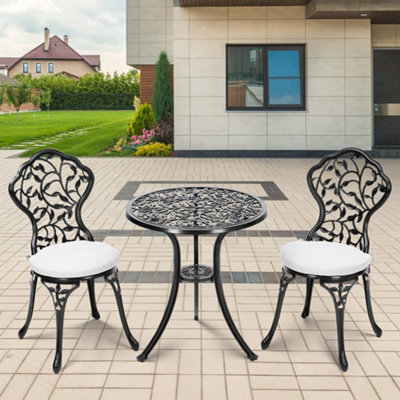 3pcs Black Round Leaf Pattern Cast Aluminum Outdoor Bistro Table and Chairs Set with Cushions