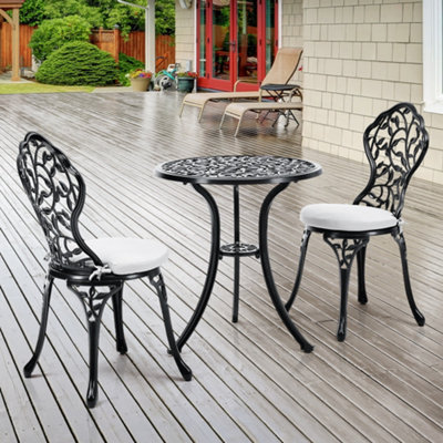 3pcs Black Round Leaf Pattern Cast Aluminum Outdoor Bistro Table and Chairs Set with Cushions