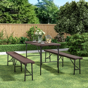 3Pcs Brown Rectangular Folding Portable Rattan Plastic Garden Camping Table and Bench Set 120 cm