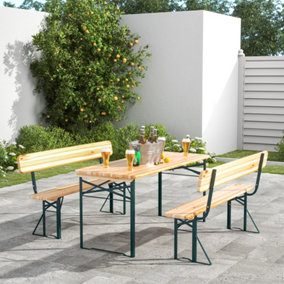 3Pcs Contemporary Outdoor Folding Metal Wood Garden Patio Bistro Table and Bench Set