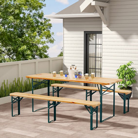 3Pcs Foldable Outdoor Patio Metal Wood Garden Table Bench Set 4 Seater 197cm