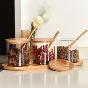 3Pcs Glass Spice Jars Seasoning Box Set with Bamboo Spoons and Lids