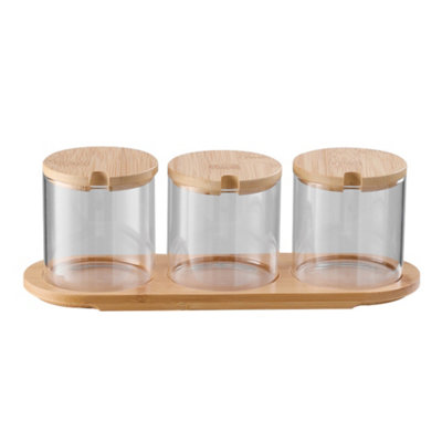 3Pcs Glass Spice Jars Seasoning Box Set with Bamboo Spoons and Lids