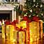 3PCS Glitter LED Light Up Christmas Present Boxes Metal Xmas Gift Box Bowknot Decor