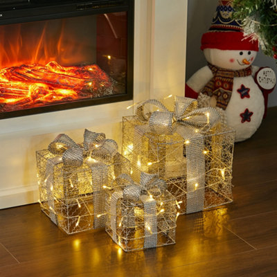 3PCS LED Light Fairy Festive Gift Sparkle Hollow Cube Silvery Iron Box Xmas Decor