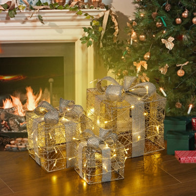 3PCS LED Light Fairy Festive Gift Sparkle Hollow Cube Silvery Iron Box Xmas Decor