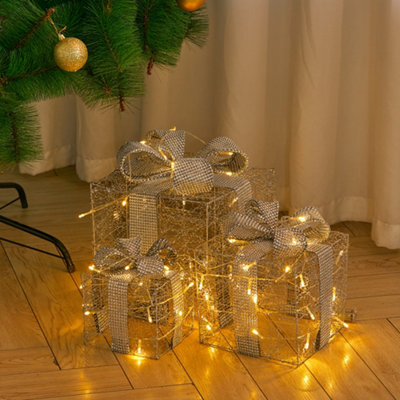 3PCS LED Light Fairy Festive Gift Sparkle Hollow Cube Silvery Iron Box Xmas Decor