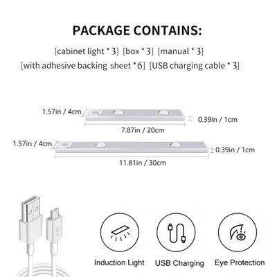 3PCS Motion Sensor Closet Lights, 20cm Rechargeable 3 Color Temps ...