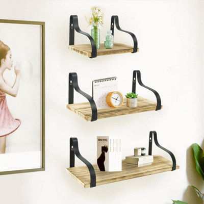 3Pcs Rustic Floating Storage Shelves Metal Wood Wall Shelf Set Display Rack Brackets