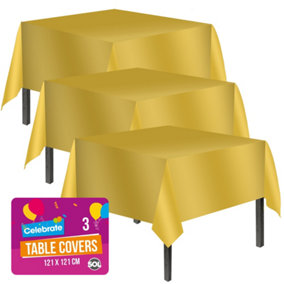 3pk Gold Table Cover 121 x 121 cm Gold Party Table Cloth Plastic Disposable Tablecloths For Parties