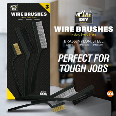 3pk Wire Brush Set - Durable Sturdy Wire Brushes for Cleaning - Brass Wire Brush, Metal Brush and Nylon Brush