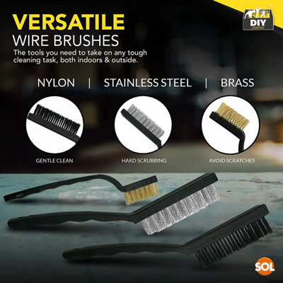 3pk Wire Brush Set - Durable Sturdy Wire Brushes for Cleaning - Brass Wire Brush, Metal Brush and Nylon Brush