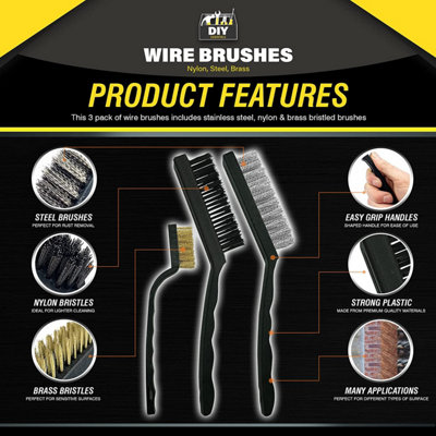 3pk Wire Brush Set - Durable Sturdy Wire Brushes for Cleaning - Brass Wire Brush, Metal Brush and Nylon Brush
