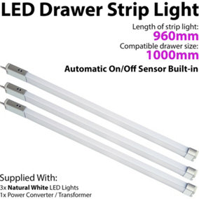 3x 1000mm LED Drawer Strip Light AUTO ON/OFF PIR SENSOR Kitchen Cupboard Door