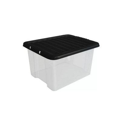 3x 35L Plastic Storage Box with Black Lid Clear, Stackable Organizer ...