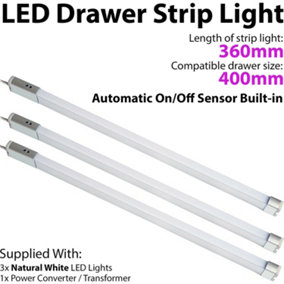 3x 400mm LED Drawer Strip Light AUTO ON/OFF PIR SENSOR Kitchen Cupboard Door