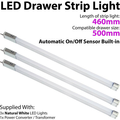 3x 500mm LED Drawer Strip Light AUTO ON/OFF PIR SENSOR Kitchen Cupboard Door