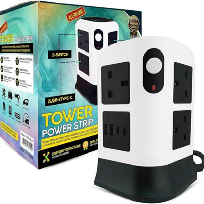 3x 8 Gang Tower Extension Lead with 2 USB A and 2 USB C Ports Surge ...