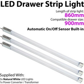 3x 900mm LED Drawer Strip Light AUTO ON/OFF PIR SENSOR Kitchen Cupboard Door