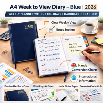 3x A4 Blue Week to View Diary Hardback Weekly Planner with UK Holidays ...